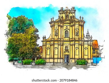Church of St. Joseph of the Visitationists, a Roman Catholic church in Warsaw, Poland.  One of the most remarkable Rococo churches in the Polish capital, watercolor sketch illustration.