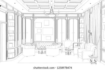 Cigar Room, Smoking Lounge, Contour Visualization, 3D Illustration, Sketch, Outline