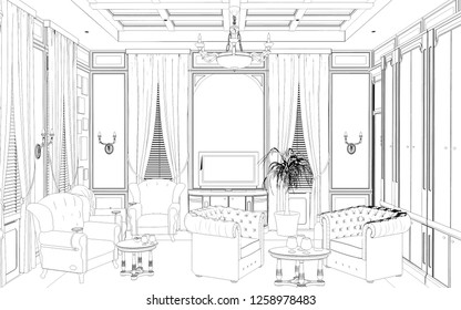 Cigar Room, Smoking Lounge, Contour Visualization, 3D Illustration, Sketch, Outline