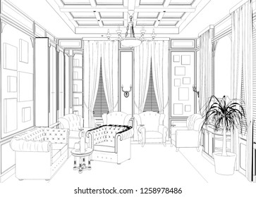 Cigar Room, Smoking Lounge, Contour Visualization, 3D Illustration, Sketch, Outline