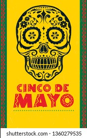 Cinco De Mayo Poster Flyer Template.  Mexican Attributes At Dark Ornament For Background. Invitation For Fiesta Party