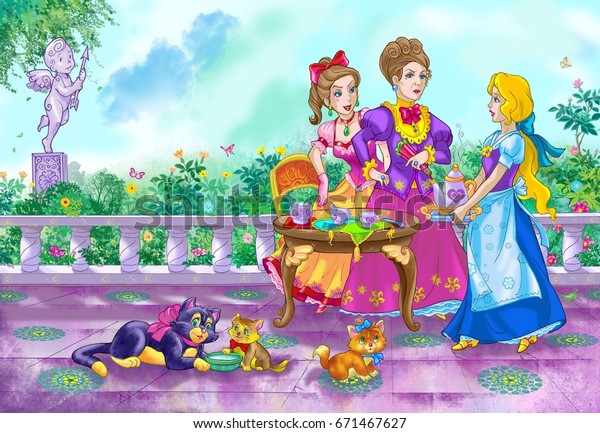 Cinderella and her naughty sisters illustration.
