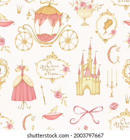 Cinderella seamless pattern. A fairy-tale carriage, a castle, a princess dress, a crown, a crystal slipper. Inscription. Once upon a time. White background. Stock illustration.