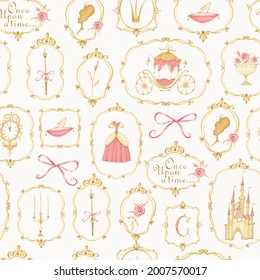 Cinderella seamless pattern. A fairy-tale carriage, a castle, a princess dress, a crown, a crystal slipper in a golden frame. Inscription. Once upon a time. Light background. Stock illustration.