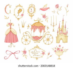 Cinderella set. A fairy-tale carriage, a castle, a princess dress, a crown, a crystal slipper. Inscription. Once upon a time. White background. Stock illustration.