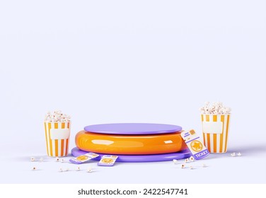 Cinema 3d podium with movie ticket and popcorn bucket icons. Mockup round stage for presentation film festival, award ceremony. Empty theater scene with snack, premiere render banner. 3D Illustration - Powered by Shutterstock