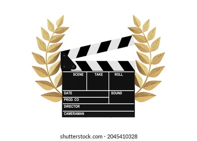 Cinema Award Concept. Movie Slate Clapper Board With Gold Laurel Wreath Winner Award On A White Background. 3d Rendering