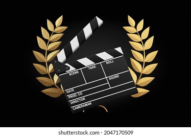 Cinema Award Concept. Movie Slate Clapper Board With Gold Laurel Wreath Winner Award On A Black Background. 3d Rendering