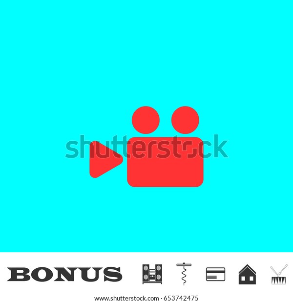 Cinema camera icon flat. Simple red\
pictogram on blue background. Illustration symbol and bonus icons\
Music center, corkscrew, credit card, house,\
drum