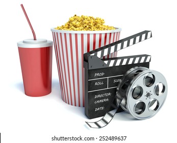 cinema clapper, popcorn and drink. 3d