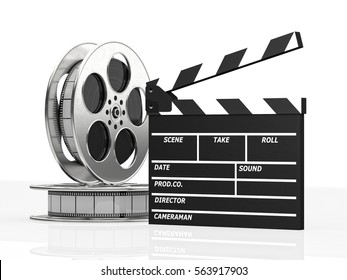 cinema concept clapboard and film roll 3d rendering image