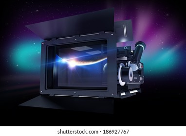 Cinema Concept. Modern Professional Motion Picture Camera With Mattebox And Follow Focus On Abstract Space Background.