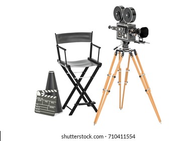 Cinema Concept. Movie Camera With Film Reels, Chair, Megaphone And Clapperboard. 3D Rendering Isolated On White Background