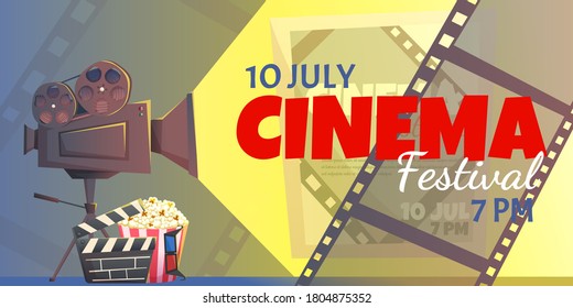 Cinema concept with popcorn, film strip and claps. Cinema and film poster design template background. Movie banner design template - Powered by Shutterstock