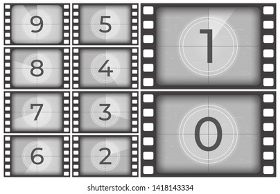 Cinema Film Countdown. Old Movie Films Strip Frame, Vintage Intro Screen Counting Numbers Or Retro Timer Frames. Movie Countdown, Filmstrip Or Cinema Slide Reel Television  Illustration