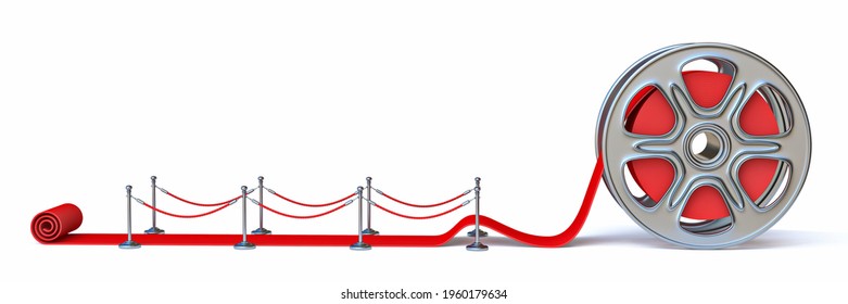 Cinema Film Roll And Red Carpet Side View 3D Render Illustration Isolated On White Background