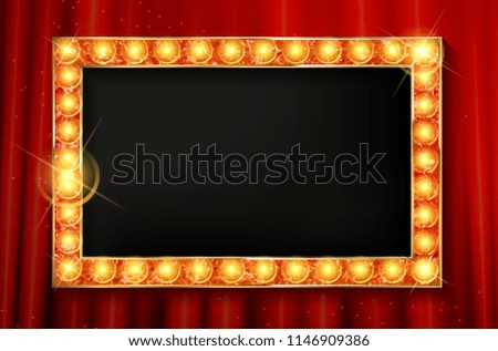 Cinema golden rectangular frame with shining light bulbs on red curtains background. Raster copy