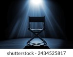 Cinema Industry Concept. Back of Director Chair in Spotlight Lights on a black background. 3d Rendering