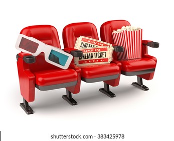 Cinema Movie Concept. Red Seats With Tickets, Popcorn And 3d Glasses Isolated On White.