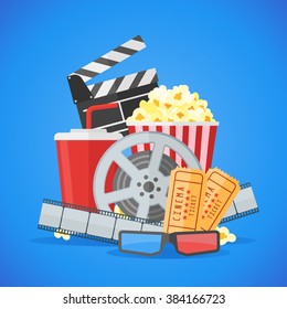 Cinema Movie Poster Design Template. Movie Film Reel And Strip, Ticket, Popcorn, Clapper Board, Soda Takeaway, 3d Glasses On Blue Background.