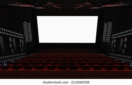 Cinema Or Movie Theater. Blank White Screen On The Movie Theater Wall. There Were No People On The Red Chair. 3D Rendering