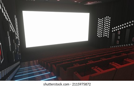 Cinema Or Movie Theater. Blank White Screen On The Movie Theater Wall. There Were No People On The Red Chair. 3D Rendering