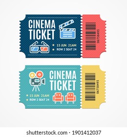 Cinema Movie Tickets Set With Elements Include Of Clapper And Armchair For Web. Illustration Of Ticket