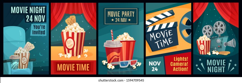 Cinema poster. Night film movies, popcorn and retro movie posters template. Cinematograph advertising banners, films ticket or movie show posters cartoon  illustration set