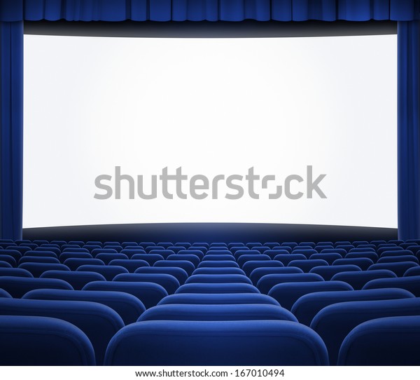 青いカーテンと座席を開けた映画館のスクリーン のイラスト素材