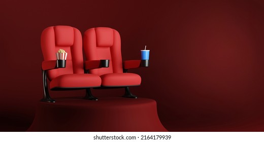 Cinema Seats Couple Stand On Red Carpet. Buy Movie Ticket Concept, Movie Night. 3d Rendering.