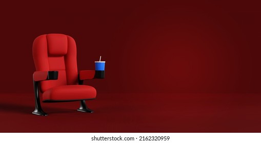 Cinema Seats Single Stand On Red Carpet. Buy Movie Ticket Concept, Movie Night. 3d Rendering.