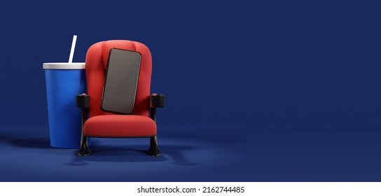 Cinema Seats Single Stand On Red Carpet. Buy Movie Ticket Concept, Movie Night. 3d Rendering.