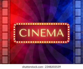 Cinema text on Retro red billboard or shining signboard with glowing yellow neon light bulbs isolated on 
 red, purple and blue smoke background with film strips.   - Powered by Shutterstock