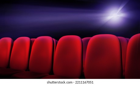 Cinema theater, red, empty seats in front of the projector's light. A 3D graphics, render template, ideal as an actor interview virtual background set, with green screen - Powered by Shutterstock