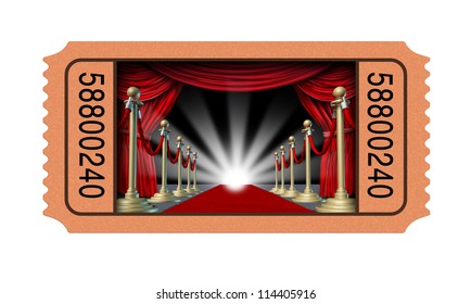 Cinema Ticket And Movie Stub With An Open Window Into A Theater On A Red Carpet And Velvet Curtains With Brass Partitions Leading To A Glowing Spot Light As An Entertainment Concept On White.