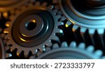 Cinematic 3D Render of interlocking gear teeth in teal and orange light. Macro close-up detail of mechanical gears with dramatic shallow depth of field for industrial and technology background