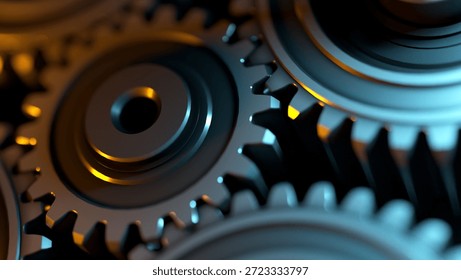 Cinematic 3D Render of interlocking gear teeth in teal and orange light. Macro close-up detail of mechanical gears with dramatic shallow depth of field for industrial and technology background