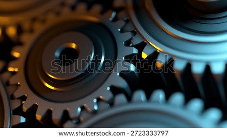 Cinematic 3D Render of interlocking gear teeth in teal and orange light. Macro close-up detail of mechanical gears with dramatic shallow depth of field for industrial and technology background