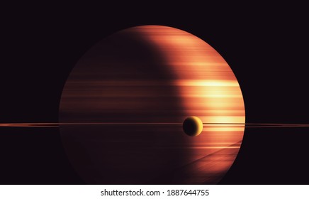 Cinematic Illustration Of Saturn With His Satellite Moon 