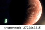 Cinematic motion render of sci fi space alien planet and moon near a glowing star, detailed exoplanet surface, deep space background, dramatic lighting, futuristic and mysterious mood