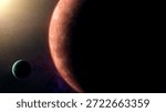 Cinematic motion render of sci fi space alien planet and moon near a glowing star, detailed exoplanet surface, deep space background, dramatic lighting, futuristic and mysterious mood