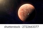 Cinematic motion render of sci fi space alien planet and moon near a glowing star, detailed exoplanet surface, deep space background, dramatic lighting, futuristic and mysterious mood