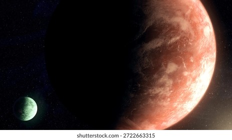 Cinematic motion render of sci fi space alien planet and moon near a glowing star, detailed exoplanet surface, deep space background, dramatic lighting, futuristic and mysterious mood