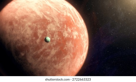 Cinematic motion render of sci fi space alien planet and moon near a glowing star, detailed exoplanet surface, deep space background, dramatic lighting, futuristic and mysterious mood