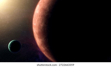 Cinematic motion render of sci fi space alien planet and moon near a glowing star, detailed exoplanet surface, deep space background, dramatic lighting, futuristic and mysterious mood