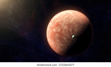 Cinematic motion render of sci fi space alien planet and moon near a glowing star, detailed exoplanet surface, deep space background, dramatic lighting, futuristic and mysterious mood
