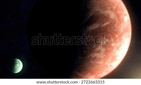 Cinematic motion render of sci fi space alien planet and moon near a glowing star, detailed exoplanet surface, deep space background, dramatic lighting, futuristic and mysterious mood