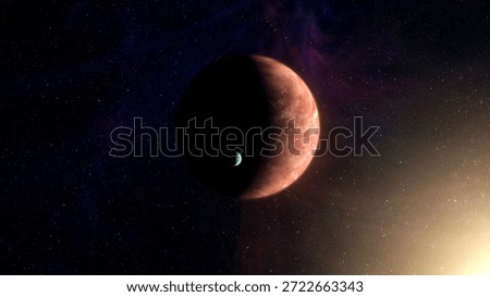 Cinematic motion render of sci fi space alien planet and moon near a glowing star, detailed exoplanet surface, deep space background, dramatic lighting, futuristic and mysterious mood
