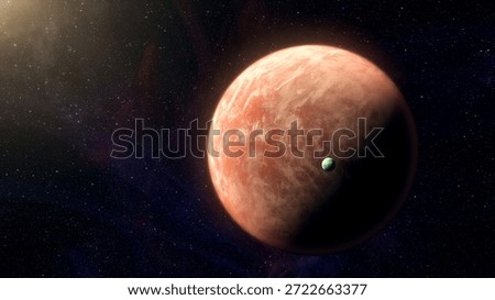 Cinematic motion render of sci fi space alien planet and moon near a glowing star, detailed exoplanet surface, deep space background, dramatic lighting, futuristic and mysterious mood