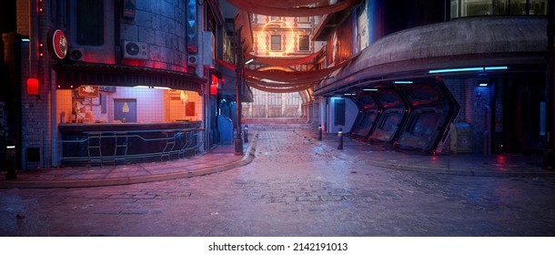 Cinematic Panorama 3D Illustration Of A Dark Moody Cyberpunk City Street With Fast Food Bar On The Corner.